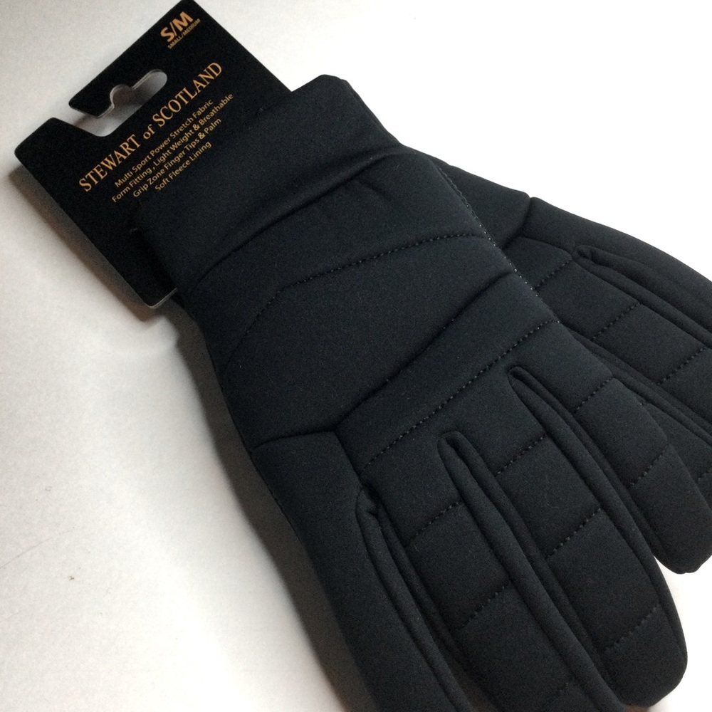 STEWART OF SCOTLAND FLEECE LINED POWER STRETCH QUILTED GLOVES BLACK SM/MED NWT